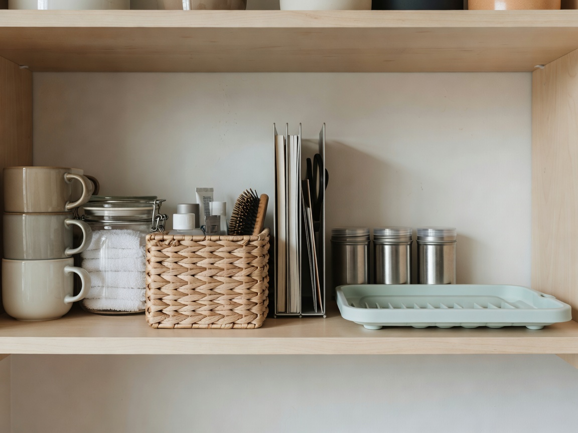 A person arranging compact everyday household objects in a small lived-in kitchen